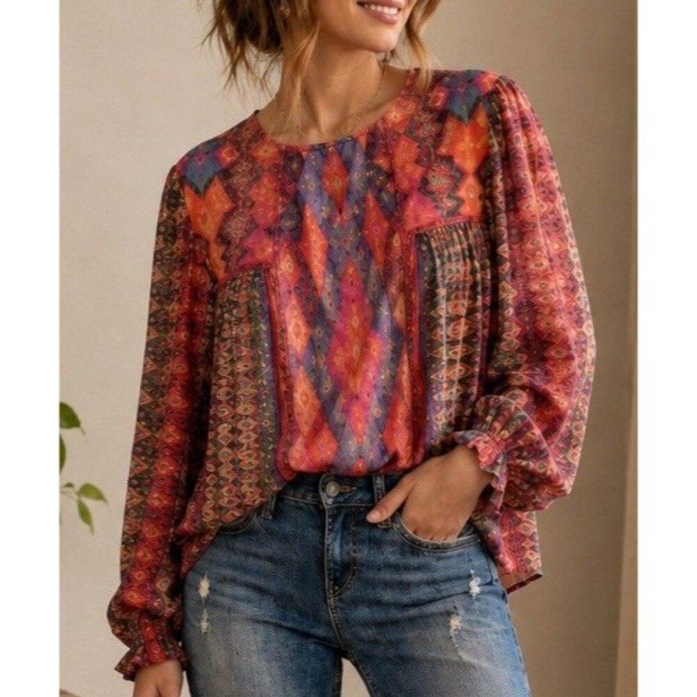 Anthropologie Blank London Miranda Peasant Blouse Purple Motif XS Boho Top